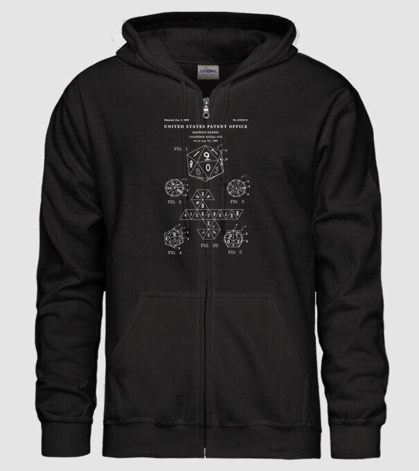 Icosahedron decimal dice patent model negru pe tricou