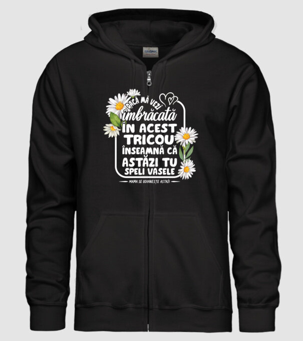 Dacă o vezi îmbrăcată în acest tricou, înseamnă că astăzi tu speli vasele. Mama se odihnește astăzi. model negru pe tricou
