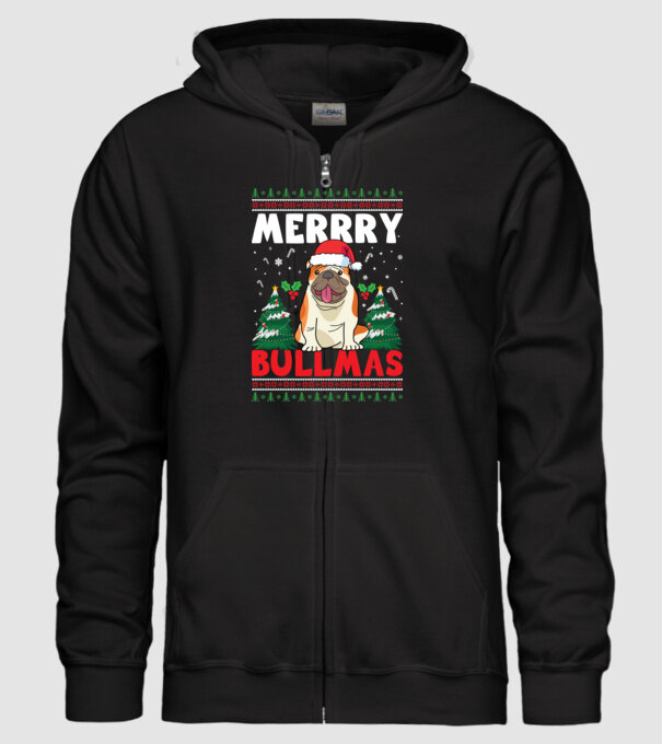 Merry bullmas ugly sweater model negru pe tricou