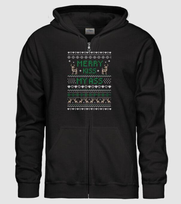 Merry kiss my ass ugly sweater model negru pe tricou