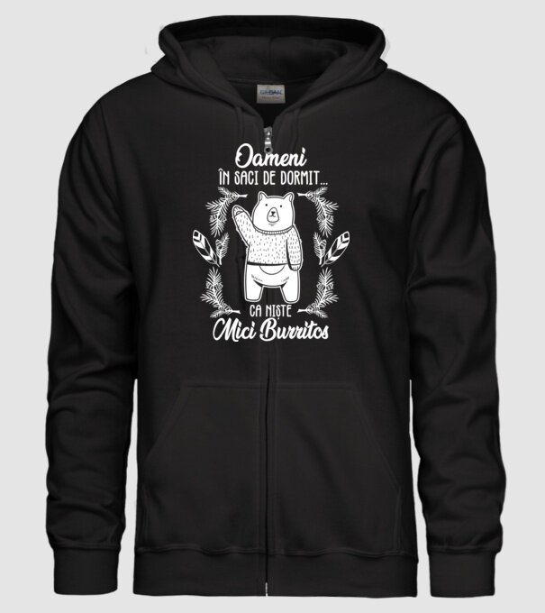 oameni în saci de dormit... ca niște mici burritos model negru pe tricou