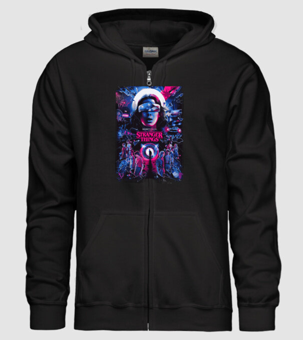 stranger things poster neon model negru pe tricou