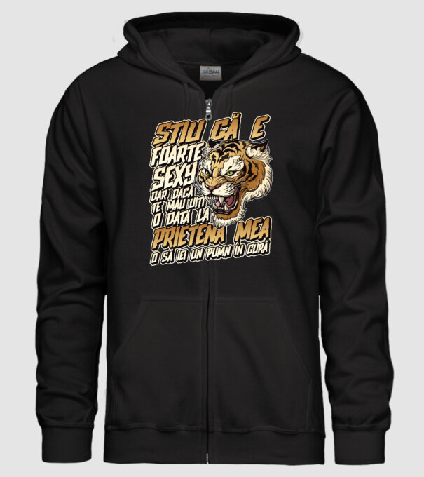 Știu că e foarte sexy, dar dacă te mai uiți o dată la prietena mea, o să iei un pumn în gură model negru pe tricou
