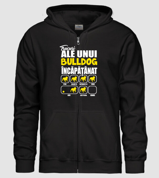 trucuri ale unui bulldog englezesc încăpățânat stai, culcă-te, întoarce-te, vino, adu, bate palma, rămâi model negru pe tricou
