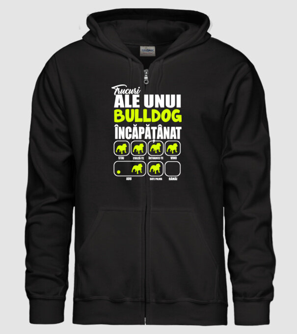 trucuri ale unui bulldog englezesc încăpățânat stai, culcă-te, întoarce-te, vino, adu, bate palma, rămâi model negru pe tricou