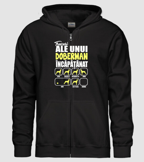 trucuri ale unui doberman încăpățânat stai, culcă-te, întoarce-te, vino, adu, bate palma, rămâi model negru pe tricou