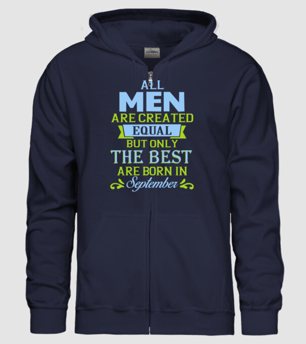 All men created equal but only the beat are born in september model albastru închis pe tricou