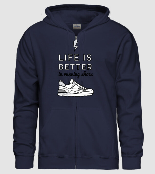Life is better running shoes model albastru închis pe tricou