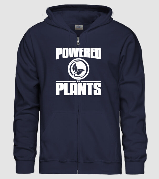 powered_by_plants model albastru închis pe tricou