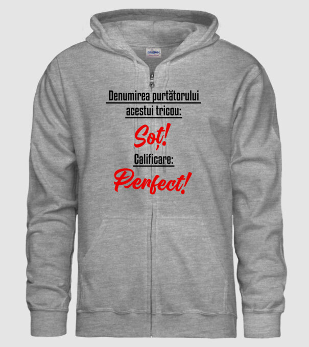 Denumirea purtătorului acestui tricou: Soț! Calificare: Perfect! model gri pe tricou