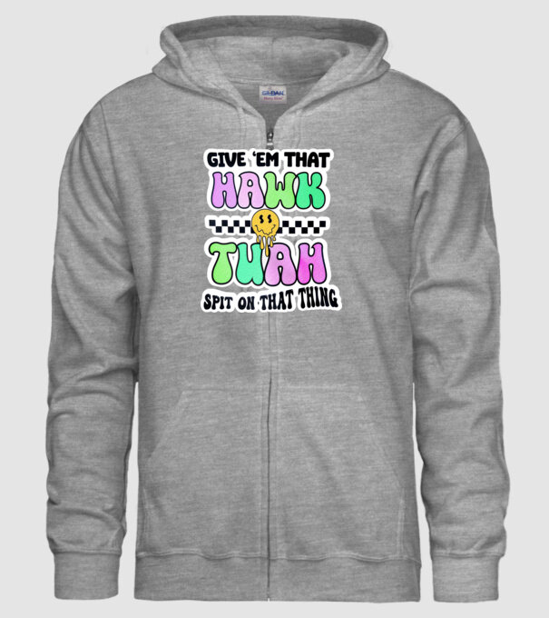 Give 'em that hawk tuah hippie trip model gri pe tricou