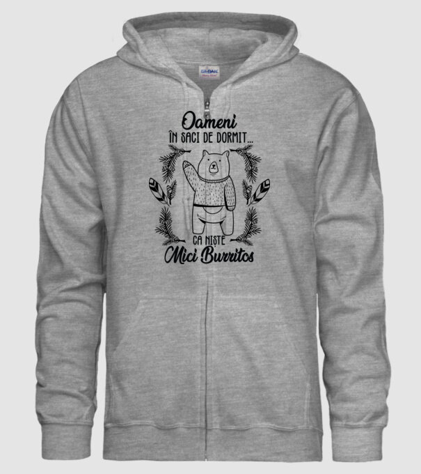 oameni în saci de dormit... ca niște mici burritos model gri pe tricou