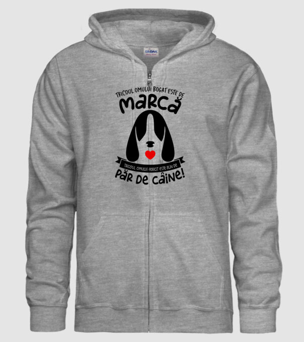 tricoul omului bogat este de marcă, tricoul omului fericit este plin de păr de câine model gri pe tricou