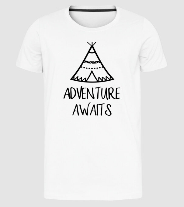 Adventure awaits teepee model alb pe tricou