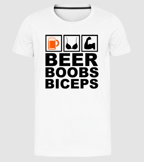 Beer Boobs Biceps model alb pe tricou
