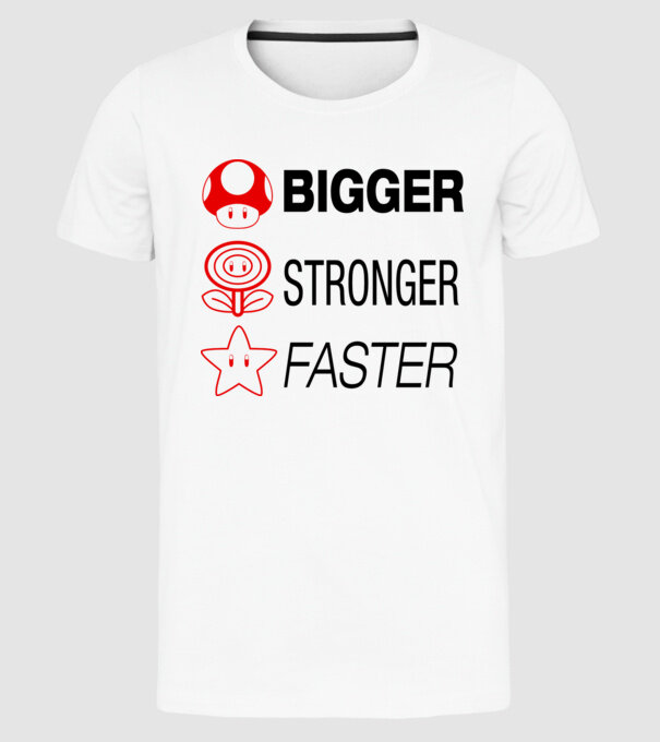 bigger stronger faster model alb pe tricou