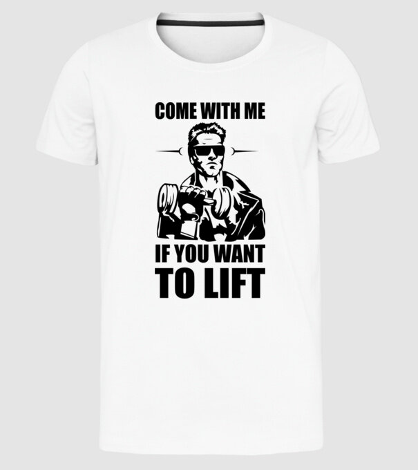 come with me arnold model alb pe tricou
