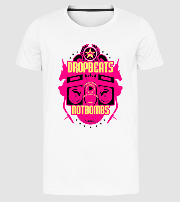 Drop Beats Not Bombs model alb pe tricou