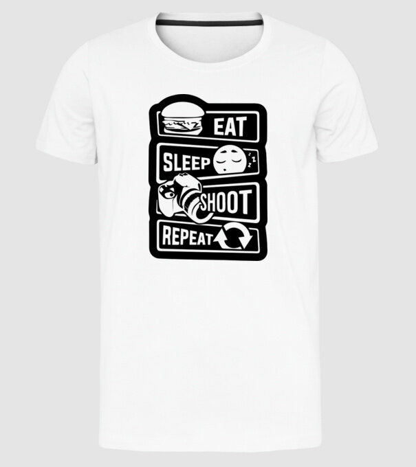eat sleep shoot repeat model alb pe tricou