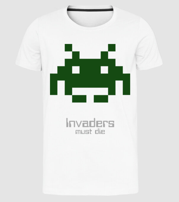 Invaders Must Die model alb pe tricou