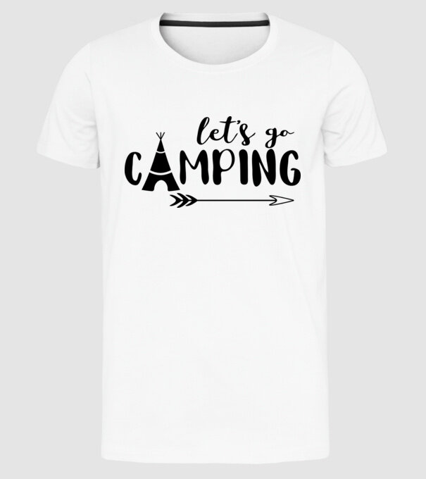 'Let''s go camping' model alb pe tricou