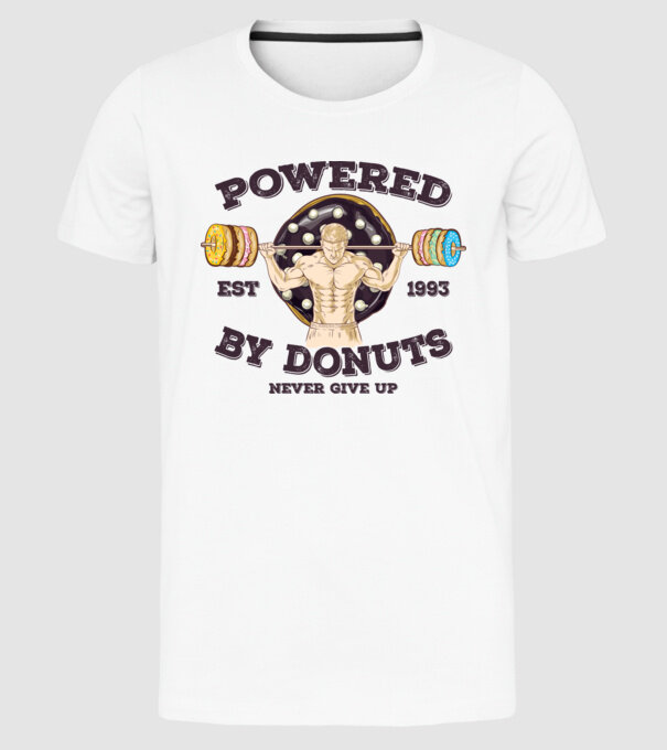 Powered by donuts model alb pe tricou
