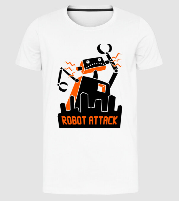 Robot Attack model alb pe tricou