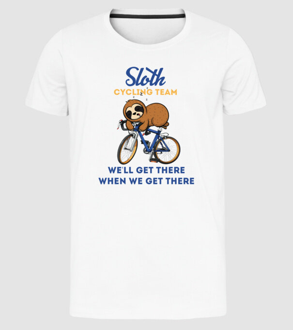 Sloth cycling team model alb pe tricou