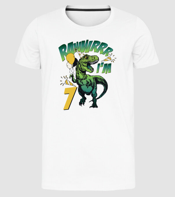 'Birthday Dinosaur rawww i''m 7' model alb pe tricou