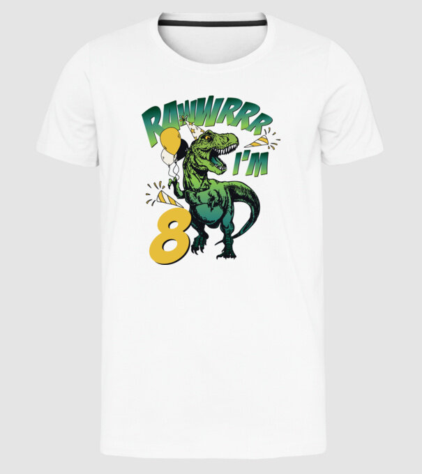 'Birthday Dinosaur rawww i''m 8' model alb pe tricou