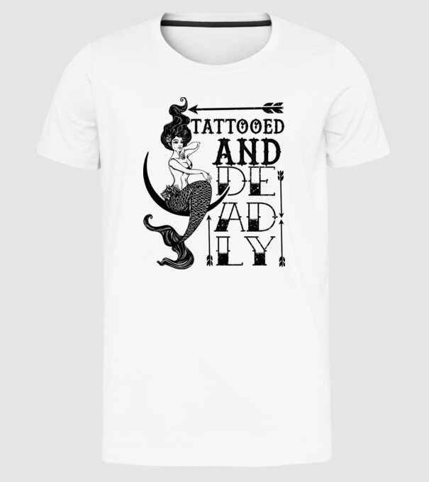 Tattooed and deadly mermaid model alb pe tricou