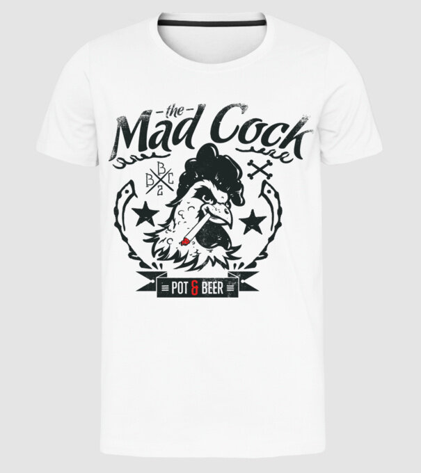 The Mad Cock model alb pe tricou