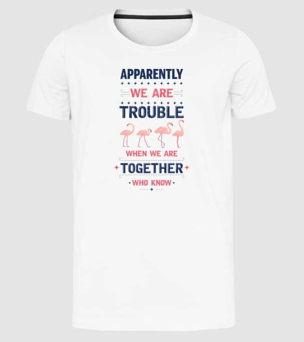 Trouble together flamingos model alb pe tricou