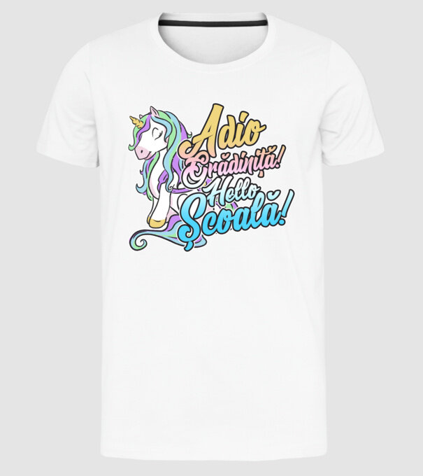 Adio grădiniță! Hello școală! model alb pe tricou