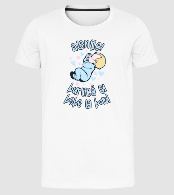 atenție! burtică cu bebe la bord model alb pe tricou