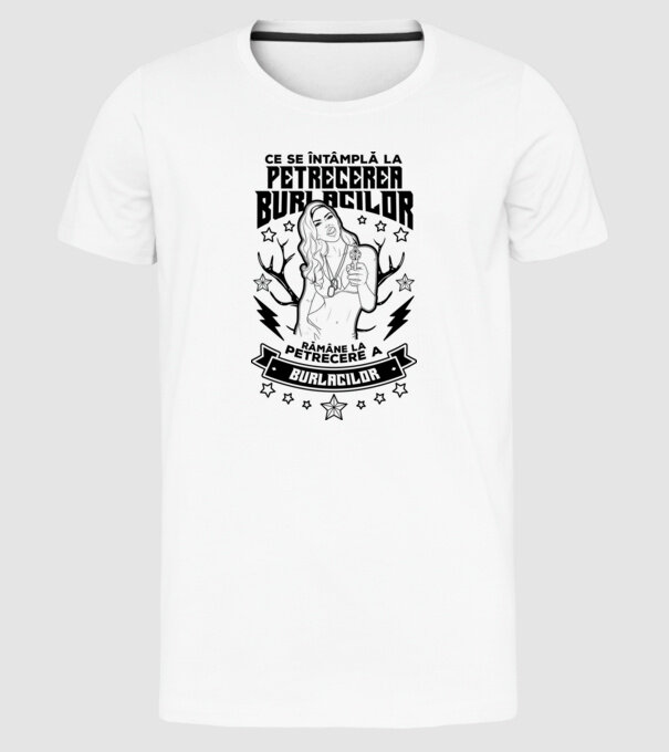 Ce se întâmplă la petrecerea burlacilor, rămâne la petrecere a burlacilor model alb pe tricou