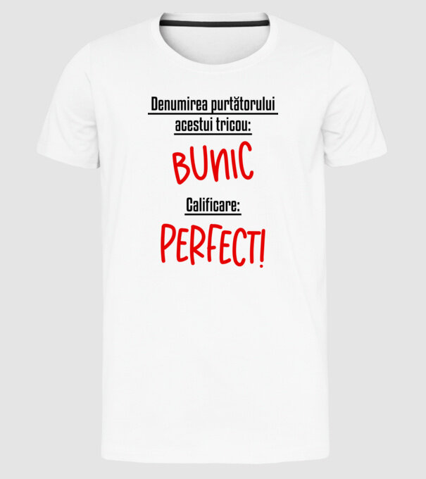 Denumirea purtătorului acestui tricou: bunic! Calificare: Perfect! model alb pe tricou
