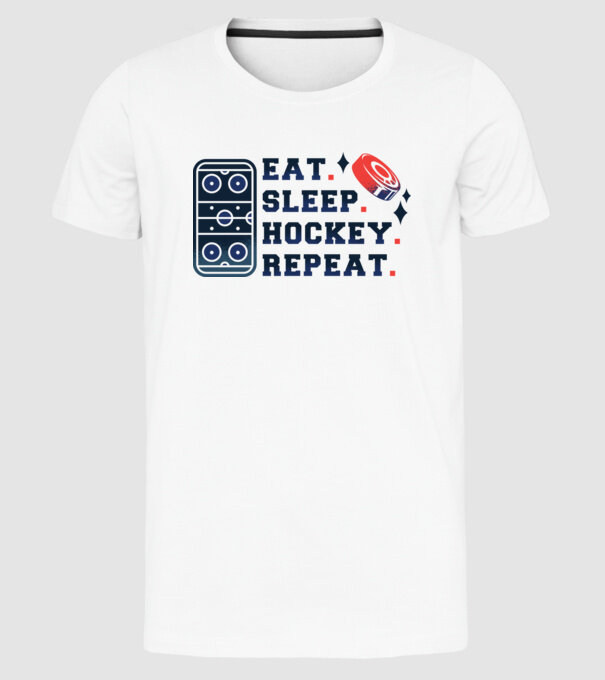 Eat Sleep Hockey Repeat model alb pe tricou