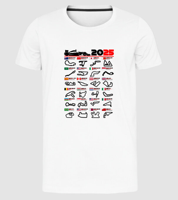 F1 calendar 2025 model alb pe tricou