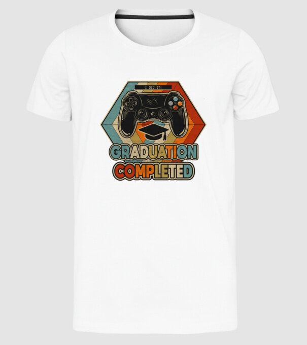 Graduatuion completed retro model alb pe tricou