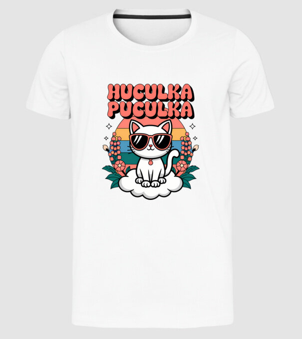 Huculka Puculka pisică 1 model alb pe tricou