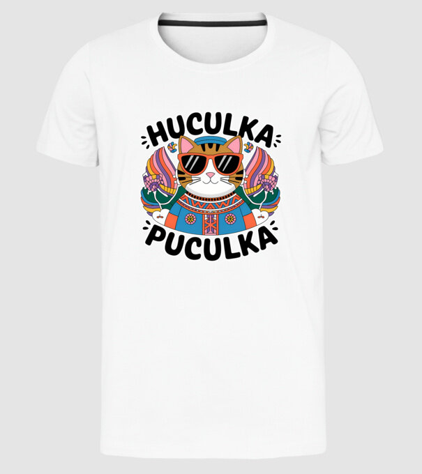 Huculka Puculka pisică 3 model alb pe tricou