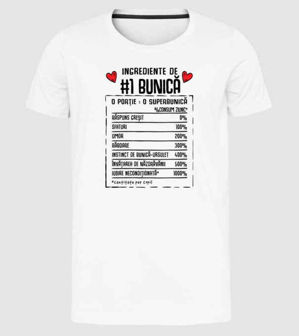 Ingrediente Bunică - o porție : o superbunică - %consum zilnic* răspuns greșit, sfaturi, umor, răbdare, instinct de bunică-ursul model alb pe tricou