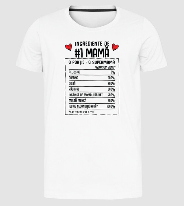 Ingrediente de Mamă - o porție : o supermamă - %consum zilnic* relaxare, cofeină, grijă, răbdare, instinct de mamă-ursuleț, mult model alb pe tricou