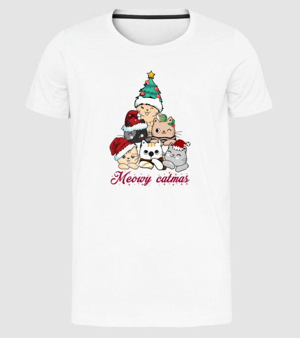 Meowy catmas model alb pe tricou