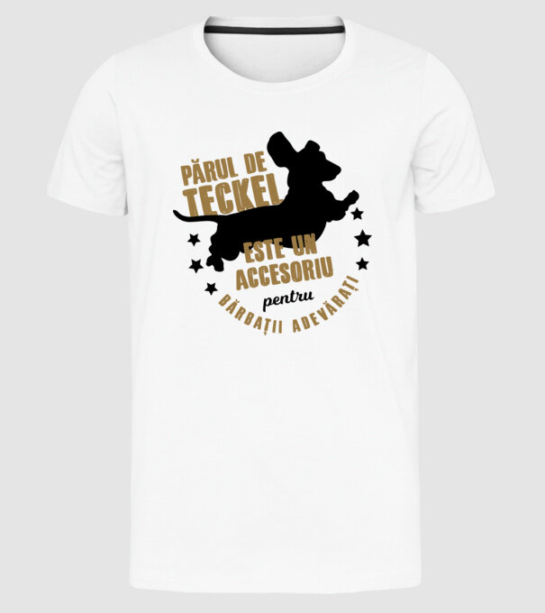 părul de teckel este un accesoriu pentru bărbații adevărați model alb pe tricou