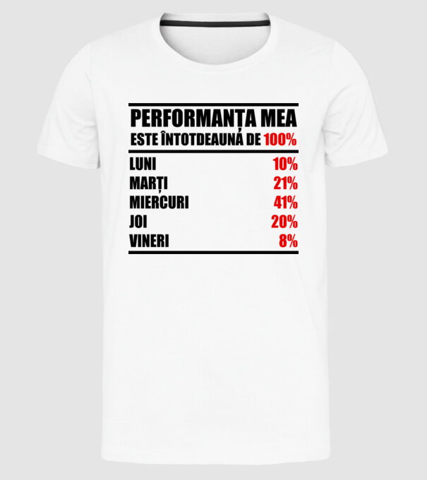 performanța mea este întotdeauna de 100% : luni, marți, miercuri, joi, vineri model alb pe tricou