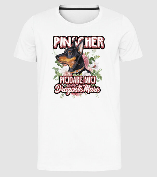 Pinscher picioare mici dragoste mare model alb pe tricou