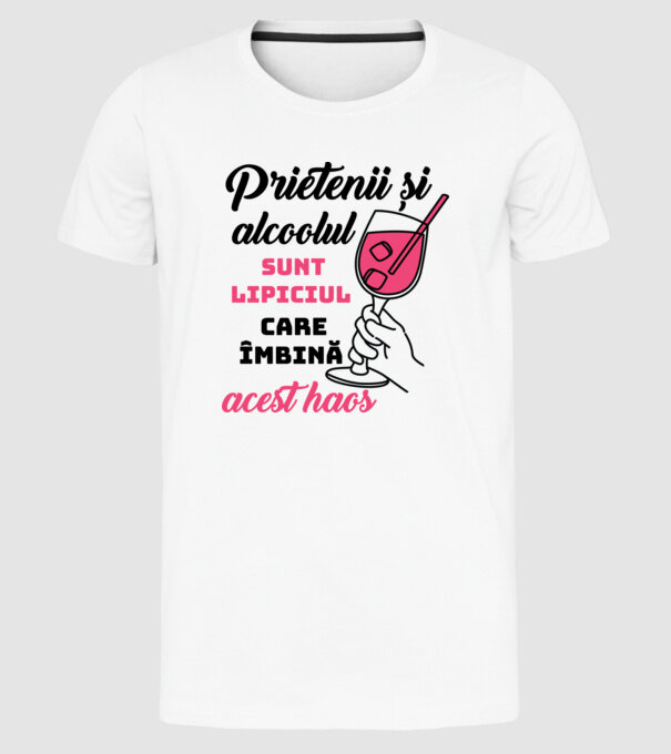Prietenii și alcoolul sunt lipiciul care îmbină acest haos model alb pe tricou