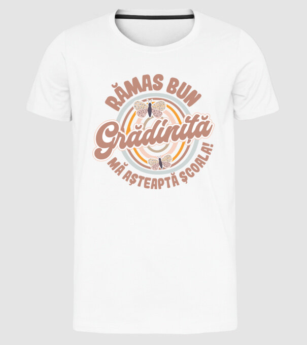 Rămas bun grădiniță, mă așteaptă școala! model alb pe tricou